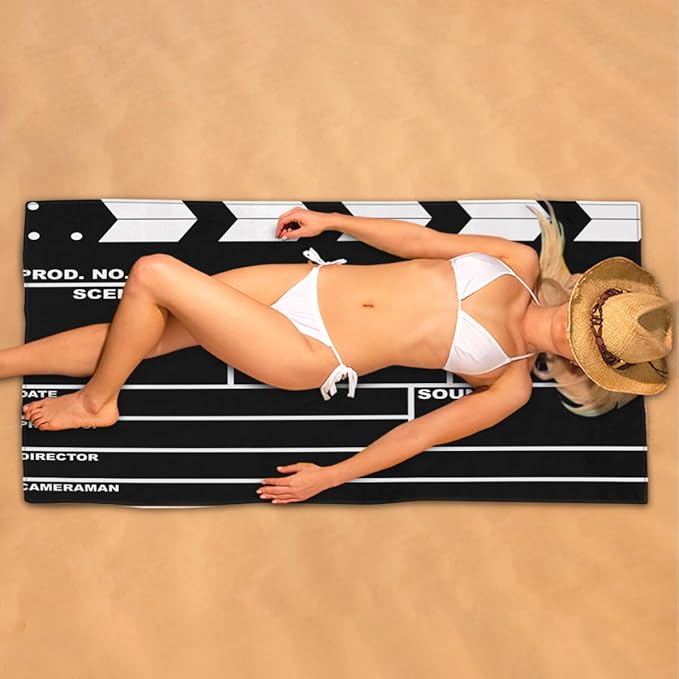 Black Movie Clapboard Beach Towel Oversized Quick Dry Beach Blanket Microfiber Sand Free Absorbent Lightweight Cinema Clapboard Bath Towel for Pool Travel Swimming Camping Women Men