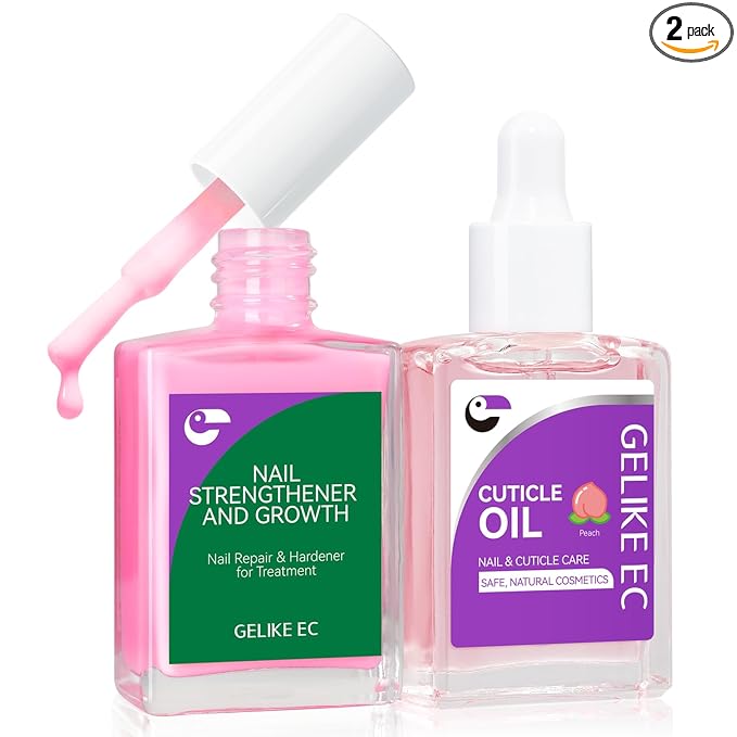 Gelike EC Nail Care Gift Set: Pink Fingernail Nail Growth Treatment & Peach Cuticle Oil 15ml - Cute & Fruity Manicure Set for Thin Peeling Nails - Women Mom Girlfriend Teens Girls Favorite