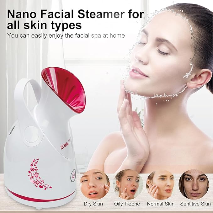 KINLITO Facial Steamer Ionic Face Steamer for Home Facial, Warm Mist Portable Facial Steamer for Deep Cleaning Unclog Pores with Blackhead Remover, Aromatherapy Kit for Personal Home SPA (Rose Red)