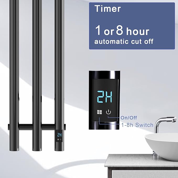 Electric Heated Towel Rack with Timer, Wall-Mounted Towel Warmer, 3 Vertical Bars, Plug-in or Hardwired, 37.4 Inch Height, Round Design (Black)