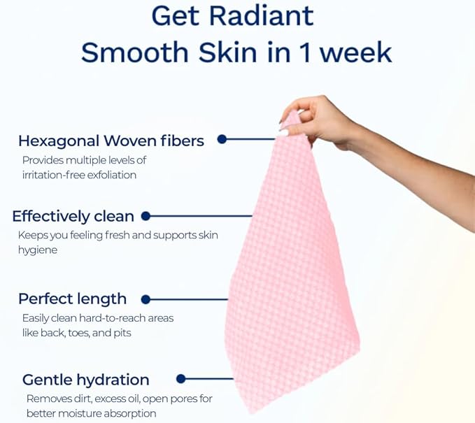 Sima Brand Exfoliating Washcloth Face & Body Scrub Towel - Japanese Exfoliating Towel with Hexagon Fibers, Body Scrubber with 2 Sides for Scrubbing & Washing, Extra Long Body Towels (Pink)