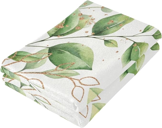Green Gold White Leaves Hand Towels for Bathroom Set of 2,Eucalyputs Leaf Floral Branches Decorative Bathroom Towels for Bath,Face,Hair,Soft Absorbent Dish Towels for Kitchen Decor 28"x14"