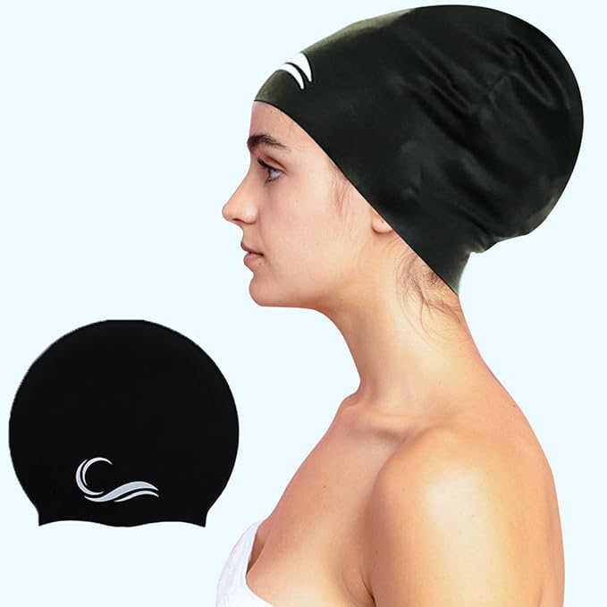 Interlaken Silicone Swim Cap (Check Size Before Buying) - Waterproof Black, Red & Blue Swim Cap