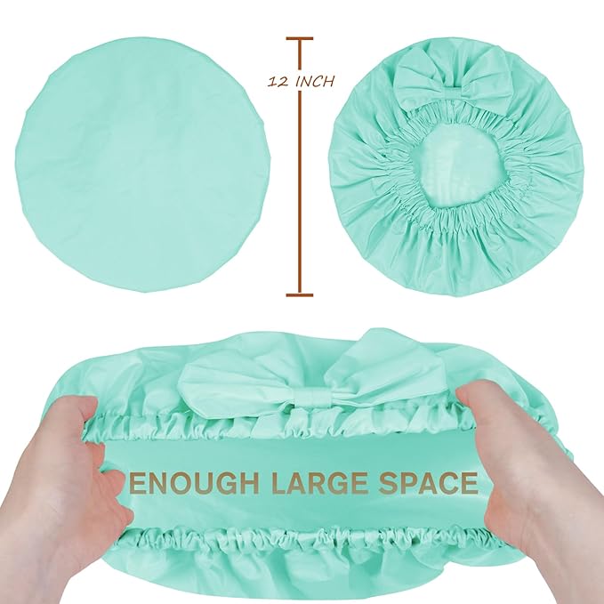 Shower Cap for Women, Cute Bow Waterproof Reusable Bath Cap, Non-Slip Anti Humidity, Roomy Anti-Frizz for Short Medium Wavy Hair, Soft Elastic & Machine Washable, Aqua