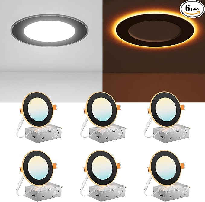 Amico 6 Pack Black 4 Inch 5CCT LED Recessed Ceiling Light with Night Light, 2700K/3000K/3500K/4000K/5000K Selectable Ultra-Thin Lighting, 10W=90W, 700LM, Dimmable Canless Wafer Downlight - ETL&FCC