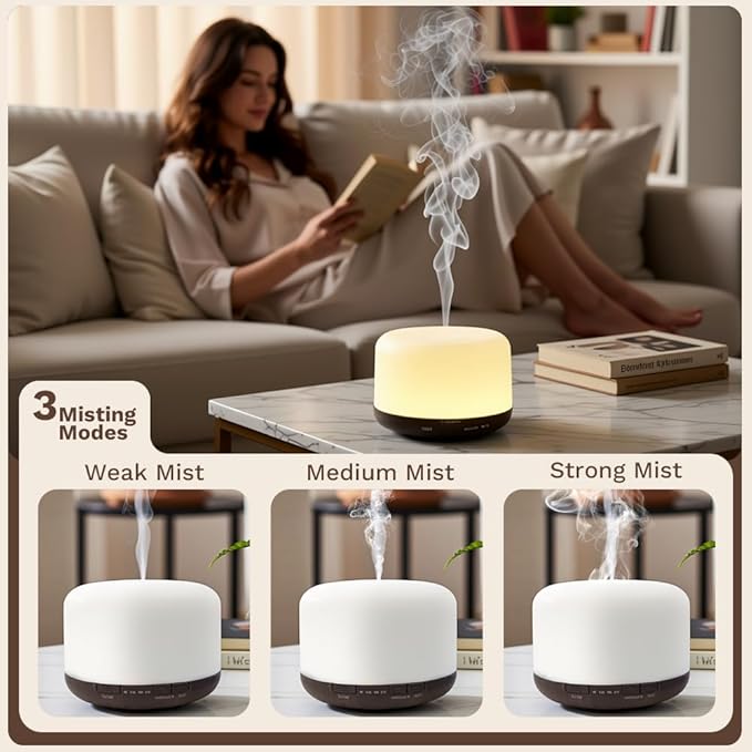 500ml Essential Oil Diffuser,Quiet 4-in-1 Ultrasonic Aromatherapy Humidifier,7 Color LED Lights,Timer & Auto-Off,BPA Free,Large Capacity Room Fragrance(Deep Woodgrain, Mini Model)