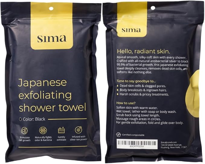 Sima Brand Exfoliating Washcloth Face & Body Scrub Towel - Japanese Exfoliating Towel with Hexagon Fibers, Body Scrubber with 2 Sides for Scrubbing & Washing, Extra Long Body Towels (Black)