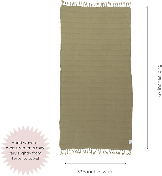 InfuseZen Stonewashed Turkish Bath & Beach Towel –100% Organic Turkish Cotton - Soft, Lightweight, Absorbent - Quick Dry, Sand Free - Swim, Pool, Shower, Travel - Peshtemal, Hammam Spa Towel - Khaki