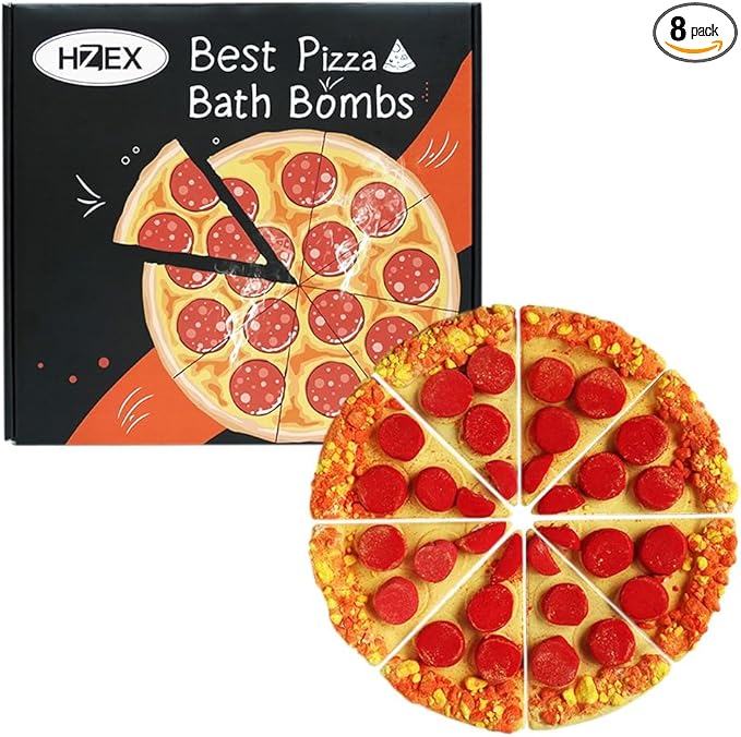 HZEX Pizza Bath Bombs Set of 8 Slices – Large Fizzies for Relaxing Bubble Bath, Handmade Spa Gift for Women, Men & Kids – Fun Pizza-Shaped Aromatherapy Bath Bomb Gift Set