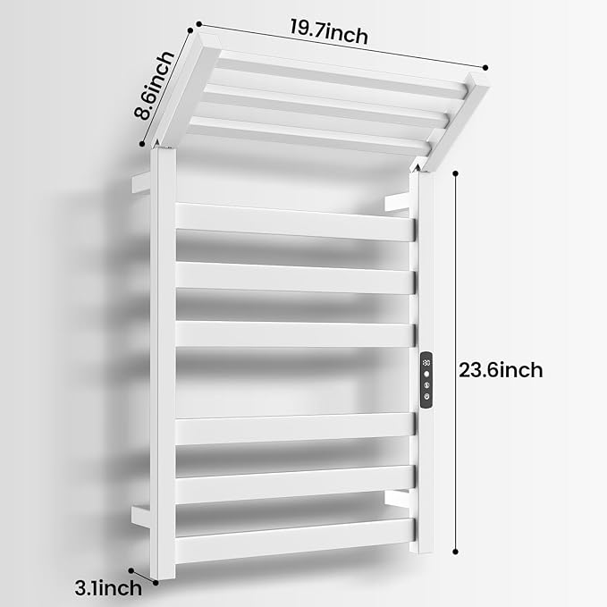 Tower Warmer Rack, 6 Bars Stainless Steel Wall Mounted Electric Heated Towel Rack for Bathroom, Built-in Timer, Hard-Wired & Plug in, Glossy Black (White)