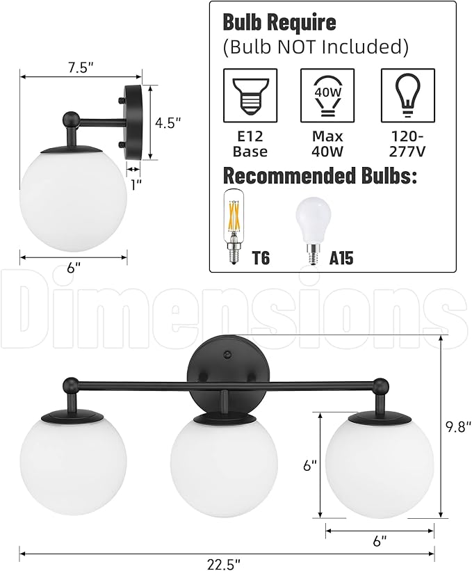 AKEZON 3-Light Black Bathroom Vanity Light Fixture, Modern Minimalist Vanity Lights with Milky White Glass Globe Shade, Wall Sconce Over Mirror Lighting for Bathroom Dressing Table Bedroom Living Room