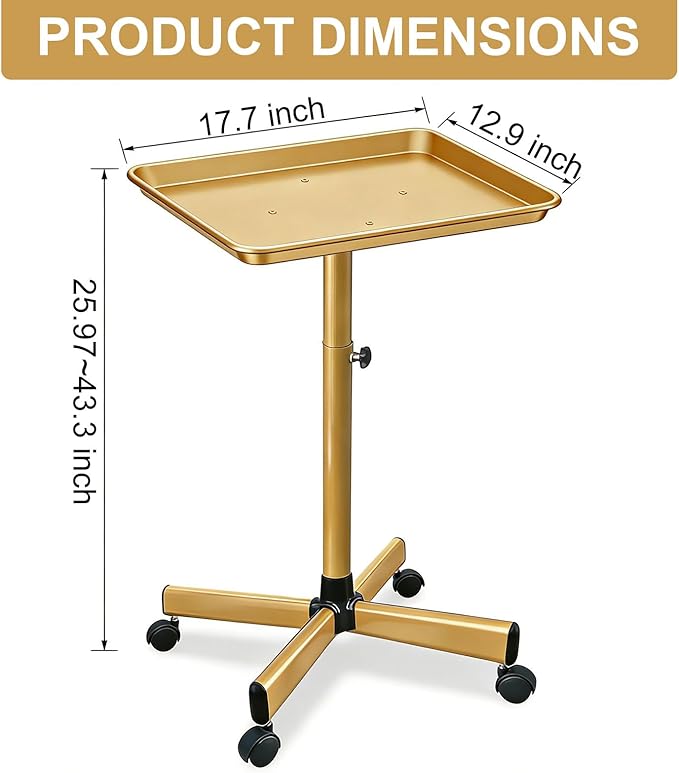 Salon Rolling Tray, Height Adjustable Tattoo Tray Rolling Cart, Storage Utility Trolley for Spa, Beauty Salon Service, Hairdresser Cart with Wheels, Black (Gold)