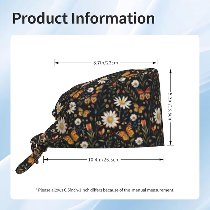 Scrub Cap for Women and Men Boho Black Leaf Pattern Adjustable Breathable Sweatband Hat for Work Kitchen Spa Shower Daily Use