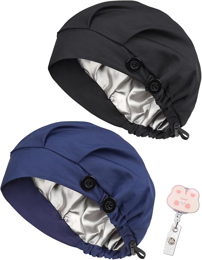 2 Pack Satin Lined Bouffant Scrub Caps with Buttons, Adjustable Scrub Caps for Women Men