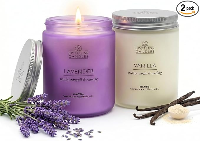Aromatic Candles Two Pack - 2 x 8 oz Lavender & Vanilla in a Gift Pack, Classic Candle Set for Men and Women by Spotless Leopard