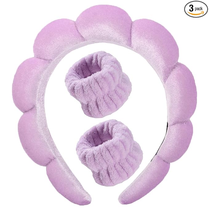 Luckybear Spa Headband for Washing Face, Velvet Makeup, Bubble Skincare With Face Wash Wristbands, Sponge Puffy for Women Skin Care - Purple