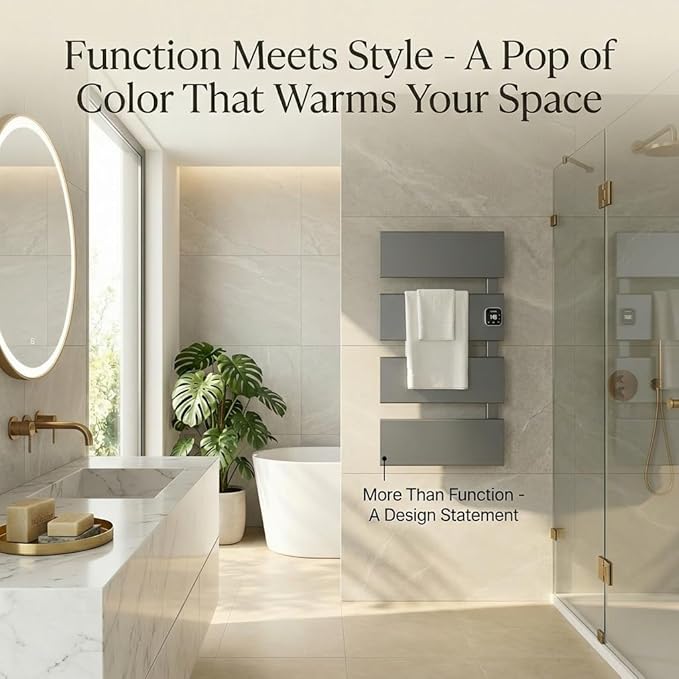 Electric Towel Warmer, Heated Towel Rack with Thermo Control and Timer, Fast Heating Towel Rail for Bathroom with Memroy Function, Work with Smart Plug, Right-Wiring, 4 Panel, Gun Gray