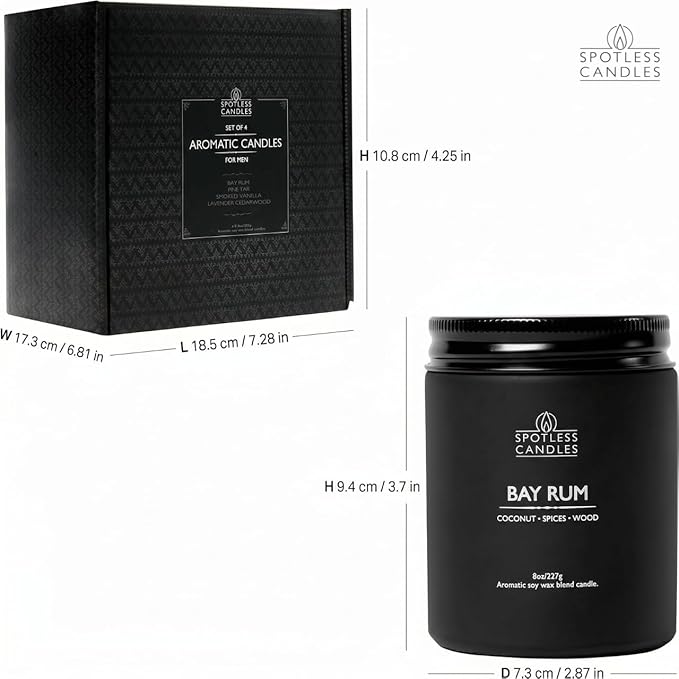 Scented Candles for Men - Soy Candles in Gift Box & Protective Shipper - Men Candle Set x 4 - Cedarwood & Lavender/Bay Rum/Pine Tar/Smoke & Vanilla - Spotless Leopard