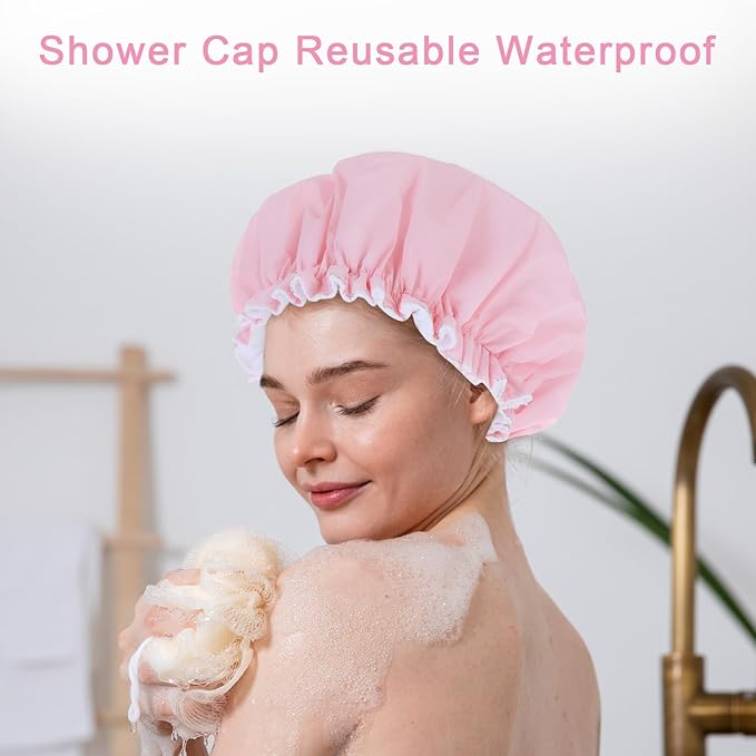 Reusable Shower Caps for Women, Pink Terry Cloth Lined Shower Cap Double Layer Reusable Bath Cap Waterproof Elastic Band Hair Cap for All Hair Lengths for Women Spa Home Salon Use(Pink)