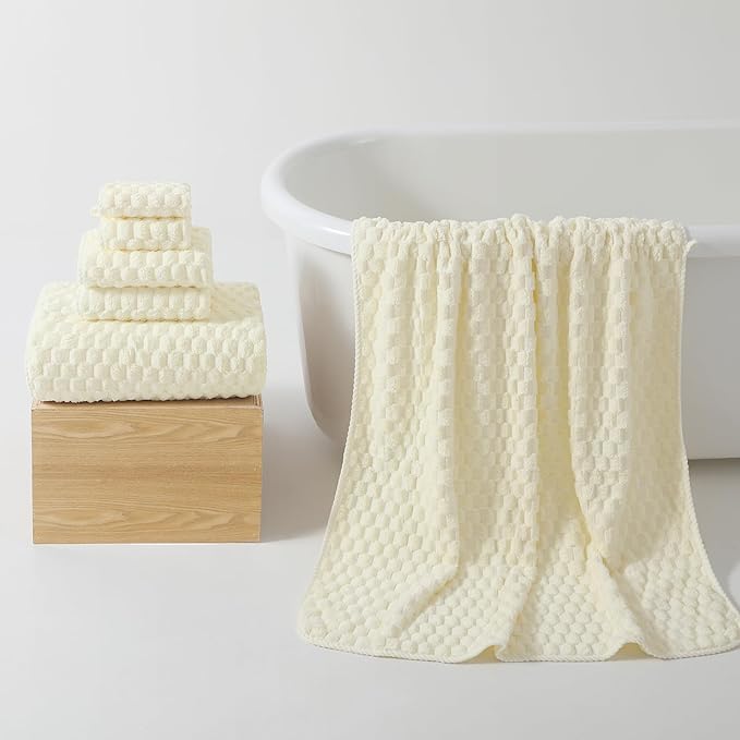 REDKISS Cream Microfiber Towels Set of 6-35x70 Inches Oversized Bath Sheets, Extra Large Bath Towels Set of 6, Super Soft Quick Dry Lint Free Absorbent Waffle Microfiber Shower Towels