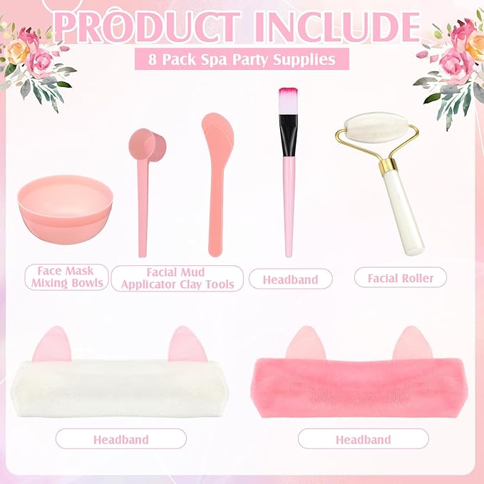 8 Sets Spa Party Supplies include 8 Jade Rollers Face Mask Brushes Face Mask Mixing Bowls Headband for Spa Party Sleepover Slumber Favors