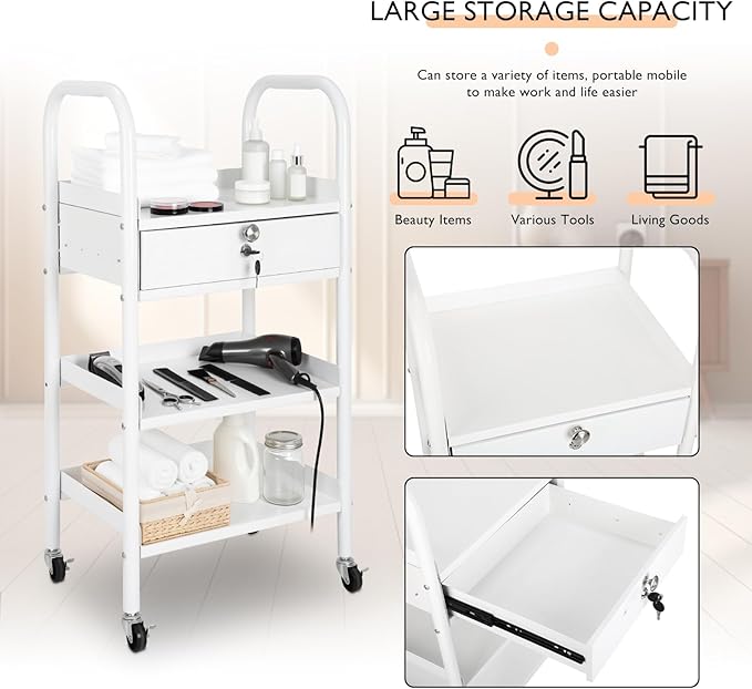 LEIBOU Beauty Salon Trolley Cart Hair Station with Wheels, Tray Cart with 1 Drawer & 2 Trays, Medical Esthetic Supply Holder for Massage Tattoo Facials