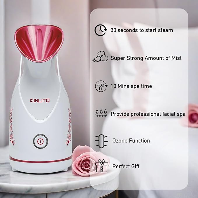 KINLITO Facial Steamer Ionic Face Steamer for Home Facial, Warm Mist Portable Facial Steamer for Deep Cleaning Unclog Pores with Blackhead Remover, Aromatherapy Kit for Personal Home SPA (Rose Red)