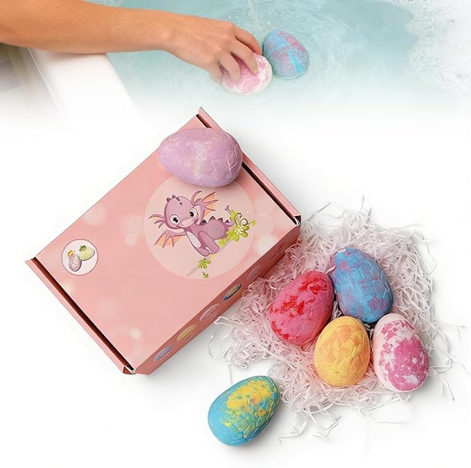 Bath Bombs with Surprise Inside, 6/12 Pack Fizzy Bubble Bath Gift Set, Dinosaur Egg & Ocean Theme Bath Fizzies, Natural Sea Salt Color Changing Spa Easter Bath Balls (Dinosaur Egg 6PC Pink Box)