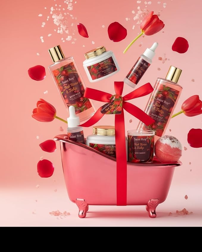 Mother's Day Gifts for Women, spa kit Gifts for Her Mother's Day Bath Spa Gift Set Red Rose & Tulip Spa Basket Kits for Women, Contains Body Oil, Body Lotion, Salt, Self care baskets Mother Gift