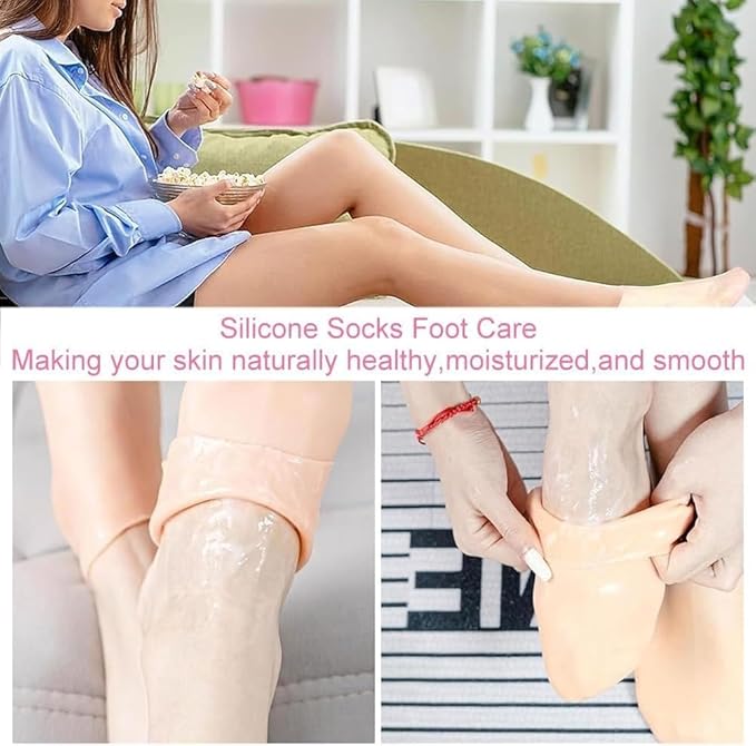 2 Pairs Silicone Moisturizing Glove Socks Set for Dry Cracked Feet and Hands, Anti Slip Spa Socks Women Gel Pedicure Socks for Foot Hand Softening Foot Care After Pedicure (Skin Color)