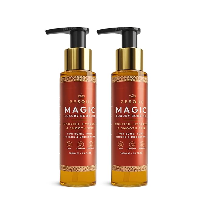Besque Magic Body Oil, 3.4 FL OZ, After Shower Body Oil For Women, Hydrating Skin Care For Full Body That Plumps, Tightens, and Firms Skin With Natural Ingredients, Luxury Spa Gifts - Pack of 2