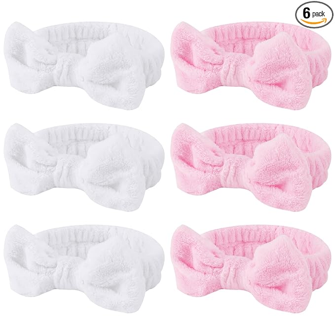 Casoty Spa Headband, 6 Pcs - Soft Coral Fleece Hair Band for Face Washing, Skin Care, Makeup, Shower, Yoga, with Bow Knot, One Size Fits All, Good Elasticity