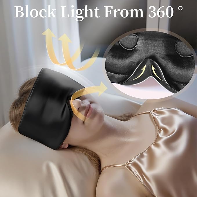 USlixury Silk Sleep Mask, 3D Contoured Sleeping Masks, Blackout Sleep Masks for Women with Nose Wing,100% Mulberry Silk, Face-Hugging Non-Slip SLEP Mask for Side Sleeper, 27.5x4.5'', Black
