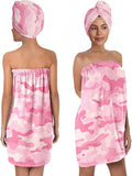 Women's Pink Camo Towel Wrap and Hair Drying Cap Set – Quick Dry Microfiber Shower Wrap with Adjustable Closure – Spa, Dorm, Gym, Military Gift for Her
