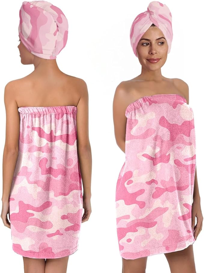 Women's Pink Camo Towel Wrap and Hair Drying Cap Set – Quick Dry Microfiber Shower Wrap with Adjustable Closure – Spa, Dorm, Gym, Military Gift for Her