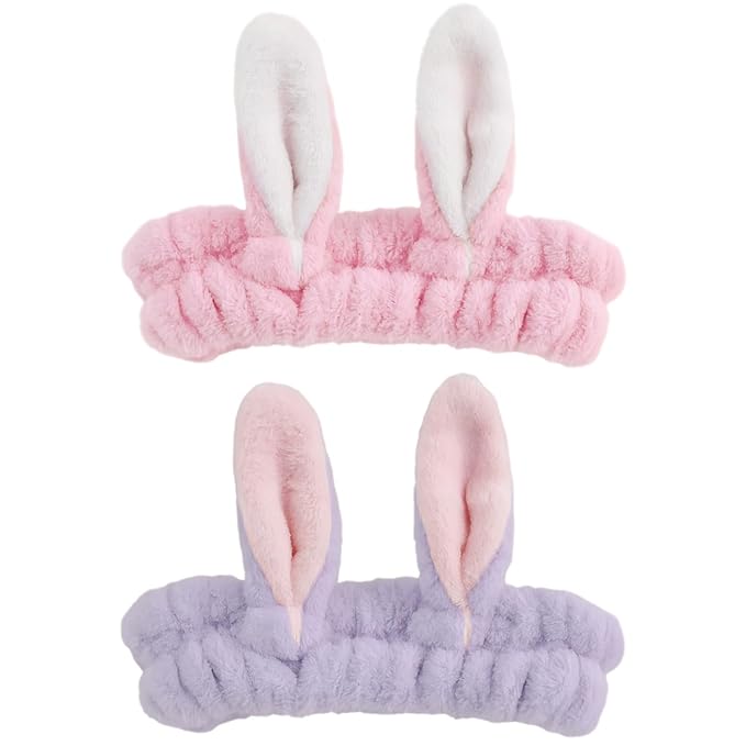 musejoy 2 Pcs Headband Bunny Ears Headband Cute Spa Headbands for Washing Face Skincare Makeup Headbands for Women Girls Trendy Stuff Present Soft Coral Fleece Hair Accessories(Pink+Purple)
