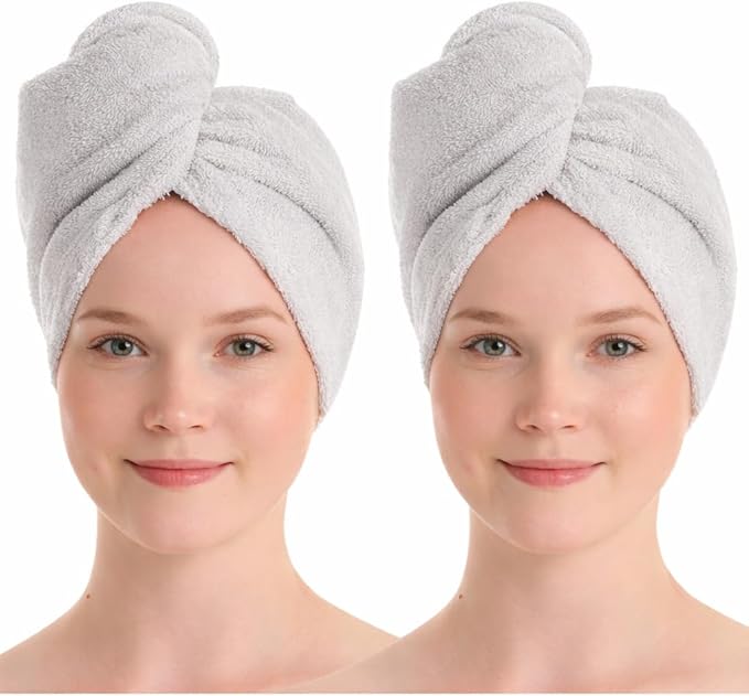 100% Turkish Cotton Hair Towel Wrap 2 Pack – Oeko-TEX Certified Quick Dry Turban for Wet Hair – Soft, Absorbent, Gentle on Curly & Long Hair – 10x26 Inch