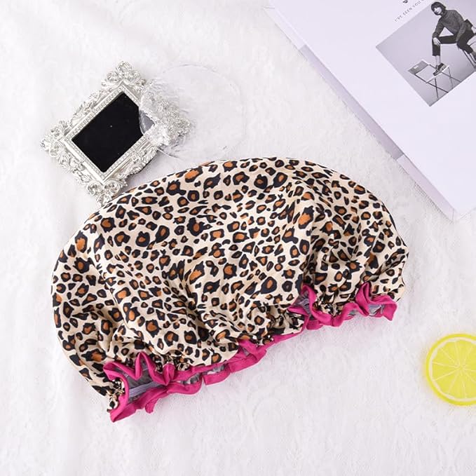 Vintage Leopard Print Shower Cap for Long Hair Braids Womens Fabric Waterproof Large Leopard Shower Caps for Women Washable Elastic Adjustable Bath Hair Caps for Washing Spa Bath Cap for Women Trendy