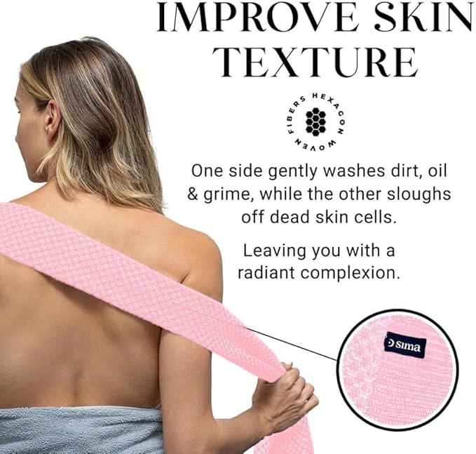 Sima Brand Exfoliating Washcloth Face & Body Scrub Towel - Japanese Exfoliating Towel with Hexagon Fibers, Body Scrubber with 2 Sides for Scrubbing & Washing, Extra Long Body Towels (Pink)