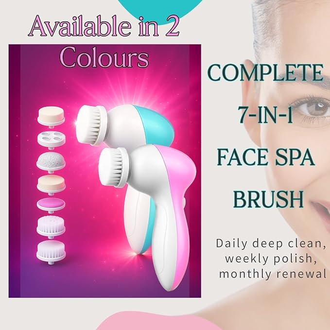 Facial Cleansing Brush Face Scrubber, 7-in-1 Electric Spin Cleanser Brushes with 6 Brush Heads for Deep Cleansing, Gentle Exfoliating, Removing Blackheads, Massaging (White & Pink)
