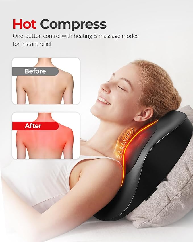 Electric Neck Massager Pillow, Ultra-Quiet Corded Neck and Shoulder Massager with Heat, Portable 3D Kneading for Shoulder, Leg & Calf Muscle Pain Relief, Relaxing Gift for Men & Women