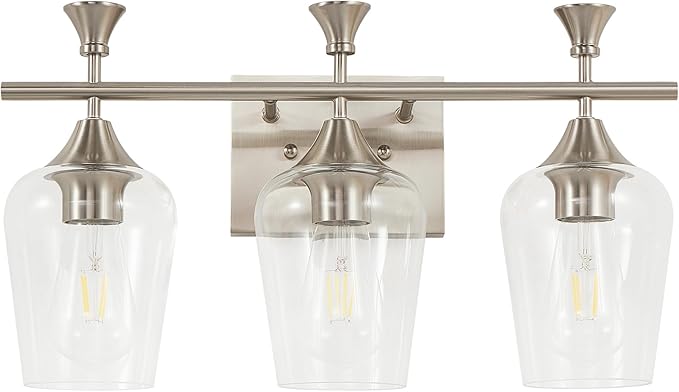 Bathroom Light Fixtures (3-Light, 19 Inch), Brushed Nickel Vanity Lights for Bathroom with Clear Wine Glass Glass Shade, Modern Vanity Wall Lights for Mirror Bedroom Living Room Kitchen Hallway Porch