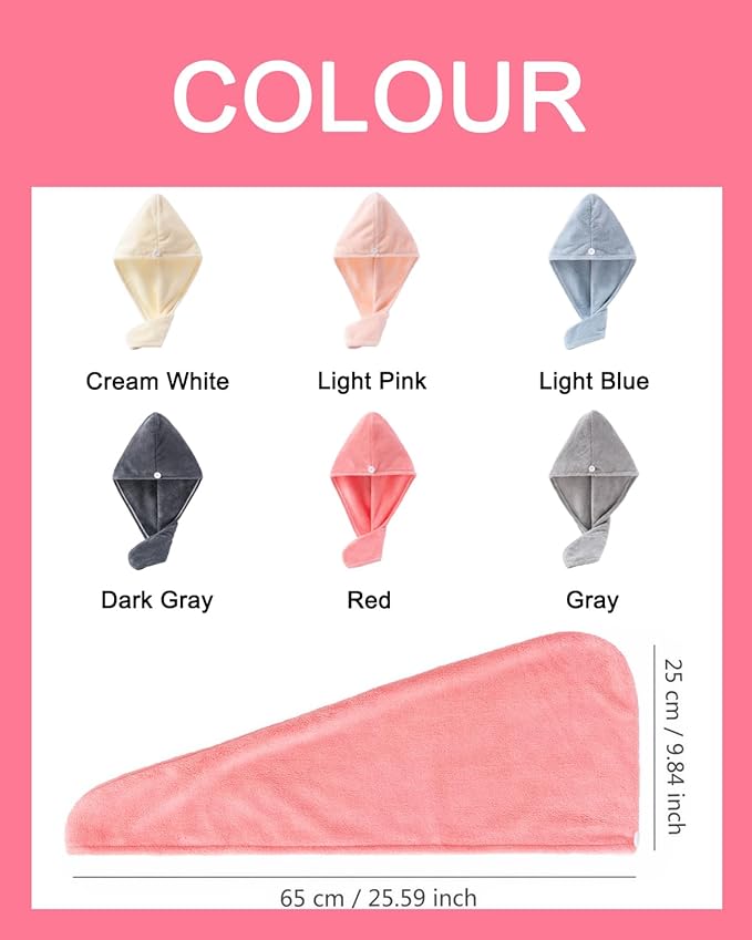 Lumimi 6 Pack Microfiber Hair Towel Wrap for Women,Super Absorbent Quick Dry Lightweight Turban with Button Anti Frizz Fast Drying for Straight Curly Hair