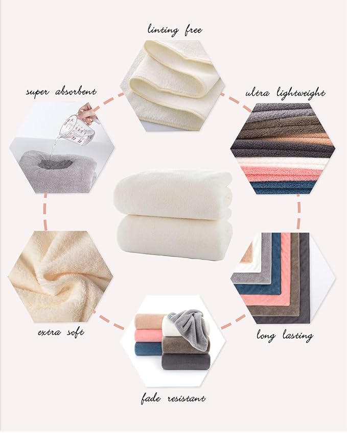 Lumimi Towels 2 Piece Soft Microfiber Bath Towel Set Salon Gym Yoga Travel Super Absorbent Lightweight Quick Dry and Durable, 55" L x 27" W, 2 Pack Cream White