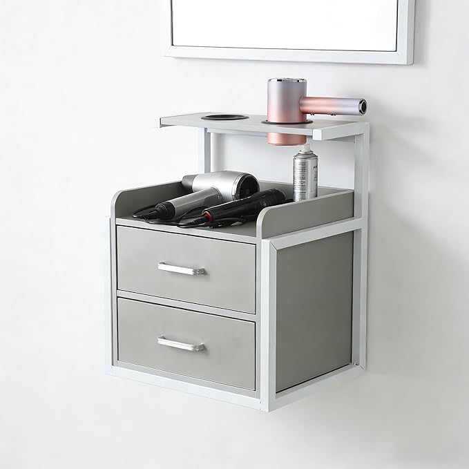Suspended Salon Wall Cabinet with 2 Drawers & Hair Dryer Holder, Storage Cabinet for Hair Salon, Wall Mounted Styling Station, 15.75'' Wide Storage for Hair Salons, Spas, Home Use (Silver)