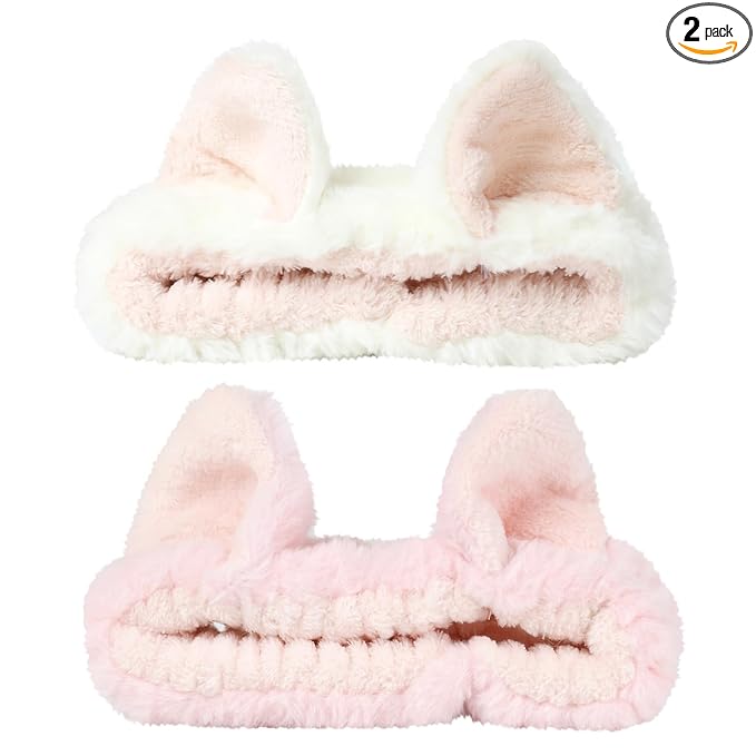 PERFECTSIGHT Kawaii Headband for Spa, Makeup, Washing Face, Party - 2 Pack Cute Hair Band for Shower Beauty Skincare, Soft Facial Headbands for Girls and Women, Cat Ear