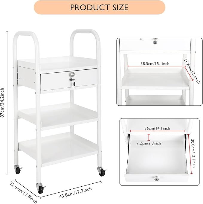 LEIBOU Beauty Salon Trolley Cart Hair Station with Wheels, Tray Cart with 1 Drawer & 2 Trays, Medical Esthetic Supply Holder for Massage Tattoo Facials