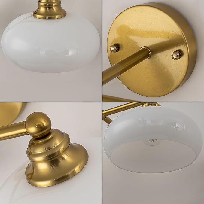 GoYeel Bathroom Light Fixtures Over Mirror, Vintage Gold Double Arm Vanity Lighting Fixtures 2 Light Antique Wall Light Fixture with Glossy Milk White Glass Shade for Bathroom, E26 Base