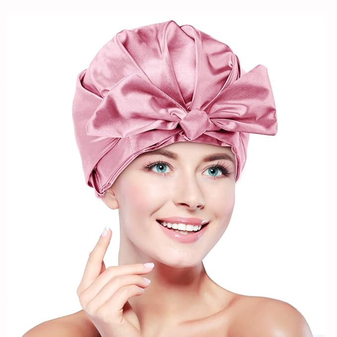 Large Shower Cap for Women Reusable Waterproof Adjustable Shower Caps with Silk Satin Lined Luxury Shower Cap for Long Hair(Pink)