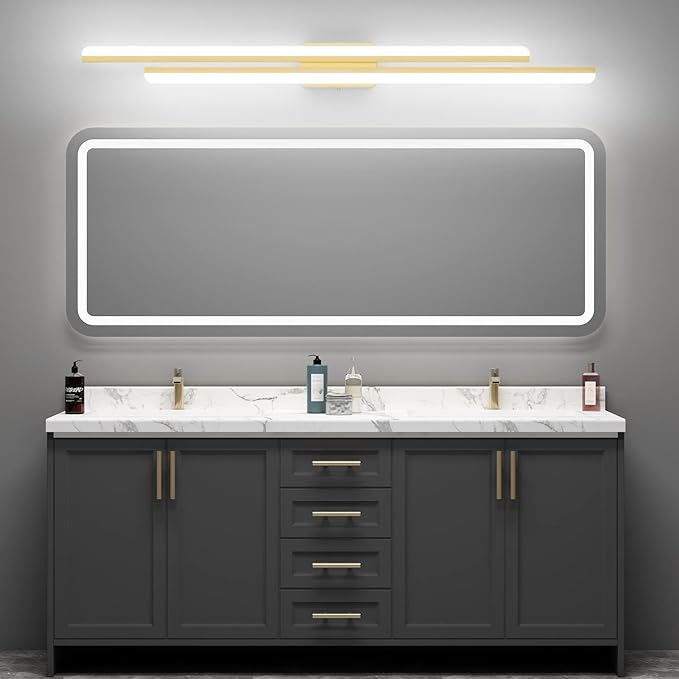 Ralbay 48" Gold Vanity Lights 48W Frosted Aluminum Modern LED Gold Bathroom Vanity Light Fixtures Over Long Mirror Modern Gold Bath Lighting 6000K White Light